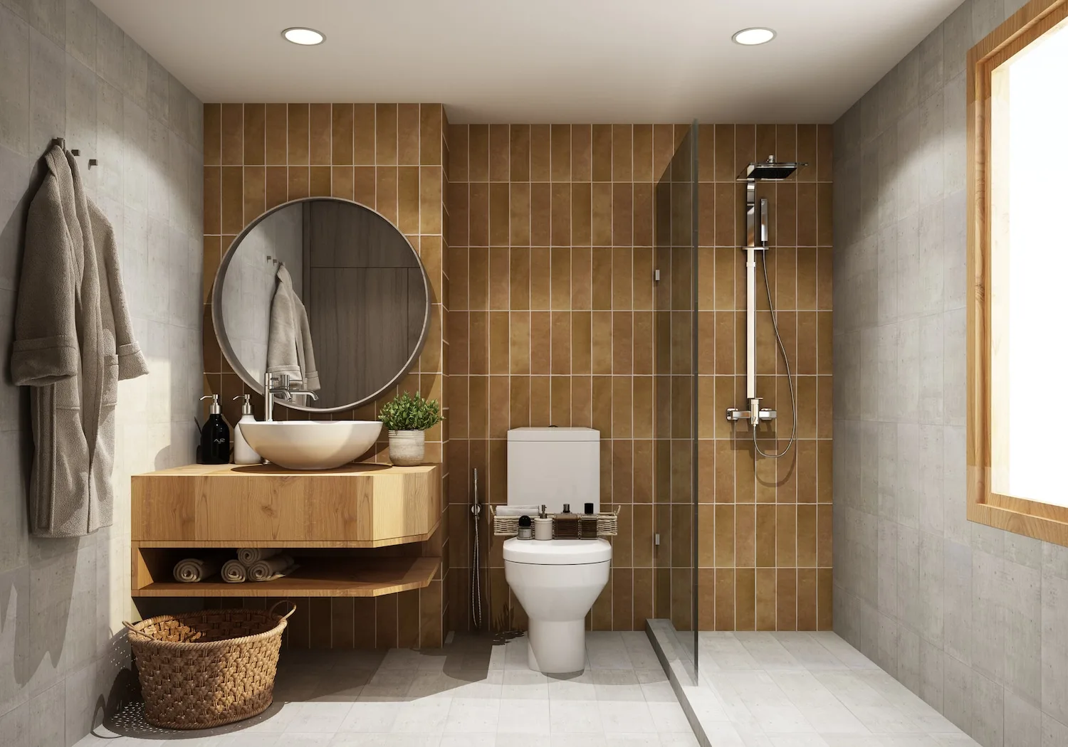 Ensuite renovation with tan tile, glass shower and bathrobe on hook